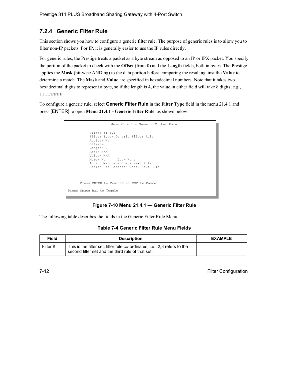 Generic filter rule, 4 generic filter rule | ZyXEL Communications Prestige 314 PLUS User Manual | Page 118 / 225