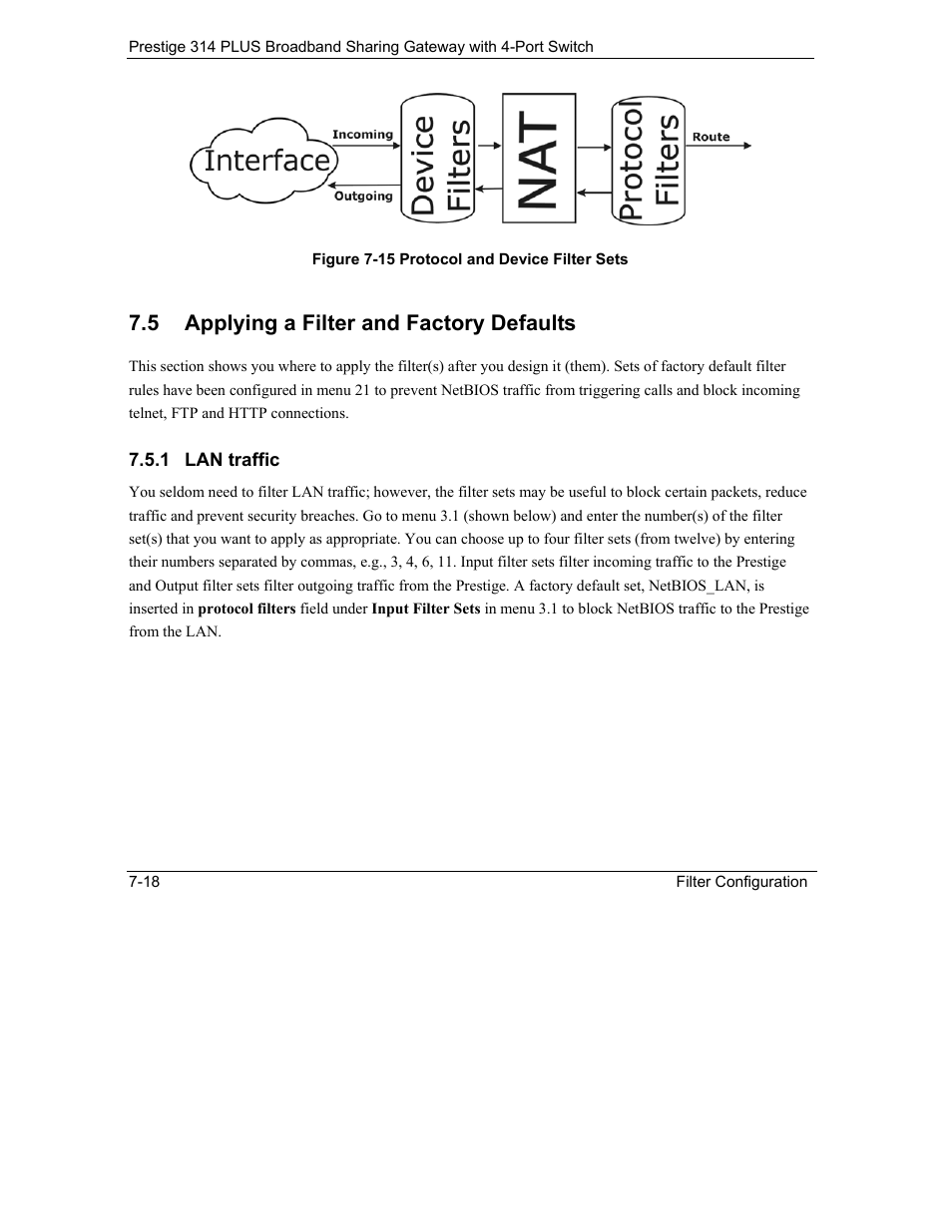 Applying a filter and factory defaults, Lan traffic, 5 applying a filter and factory defaults | ZyXEL Communications Prestige 314 PLUS User Manual | Page 124 / 225