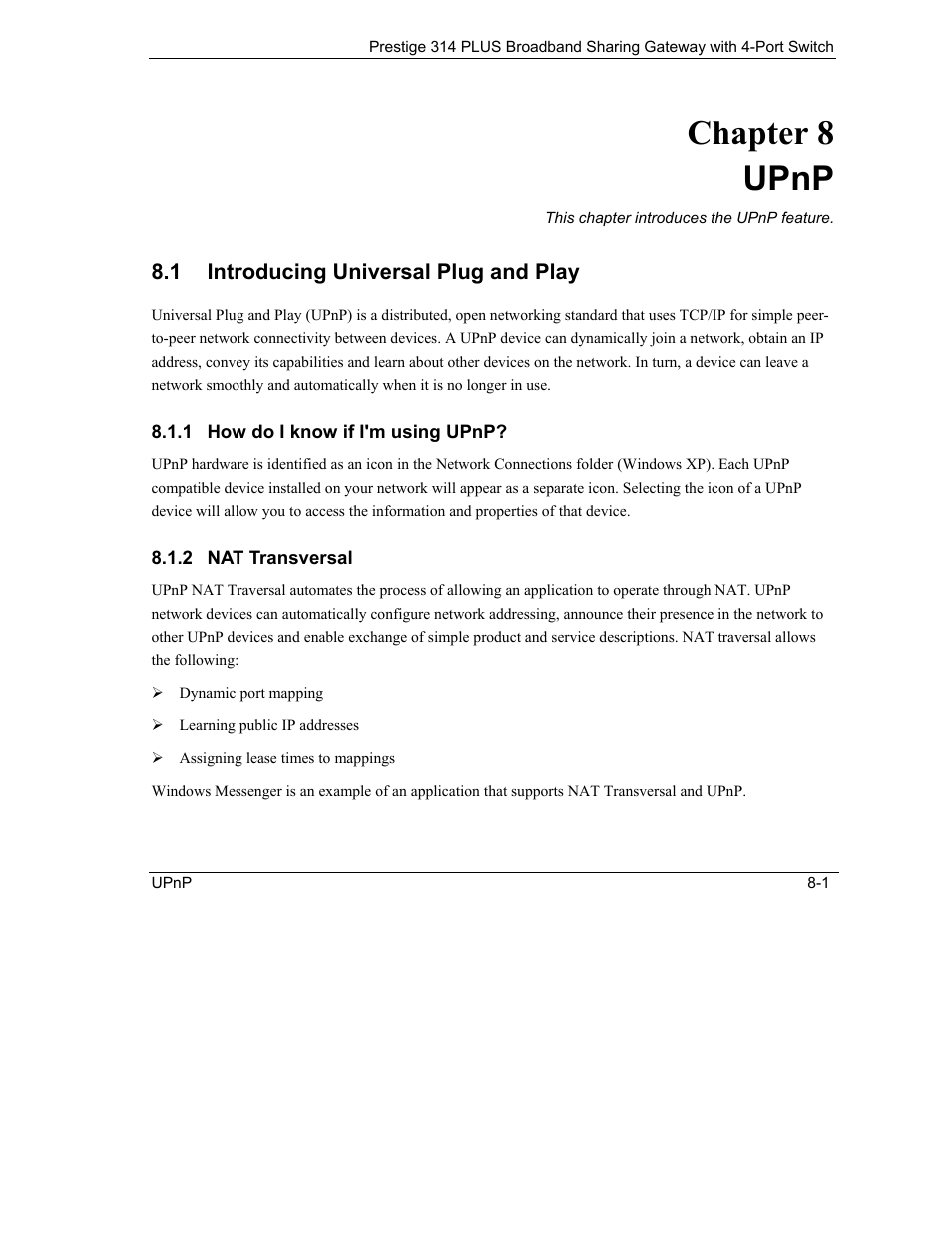 Upnp, Introducing universal plug and play, How do i know if i'm using upnp | Nat transversal, Chapter 8 upnp | ZyXEL Communications Prestige 314 PLUS User Manual | Page 127 / 225