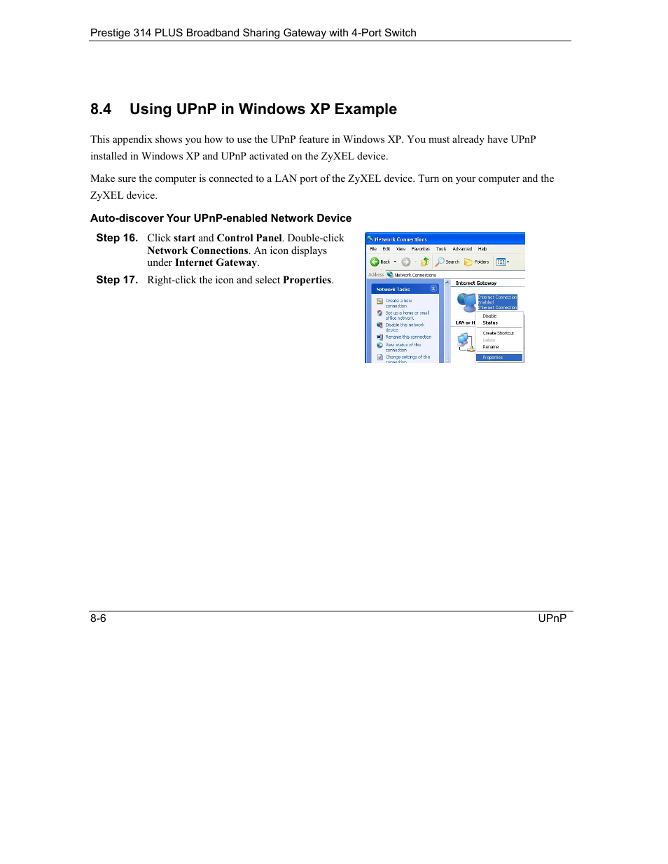 Using upnp in windows xp example, 4 using upnp in windows xp example | ZyXEL Communications Prestige 314 PLUS User Manual | Page 132 / 225