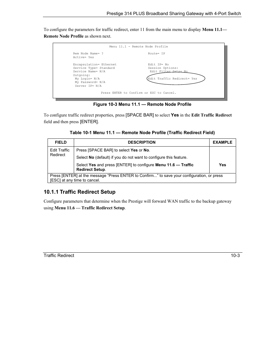 Traffic redirect setup, 1 traffic redirect setup | ZyXEL Communications Prestige 314 PLUS User Manual | Page 145 / 225