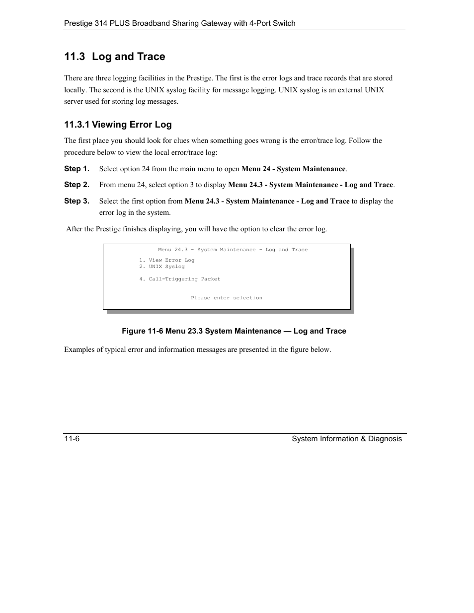 Log and trace, Viewing error log, 3 log and trace | 1 viewing error log | ZyXEL Communications Prestige 314 PLUS User Manual | Page 154 / 225