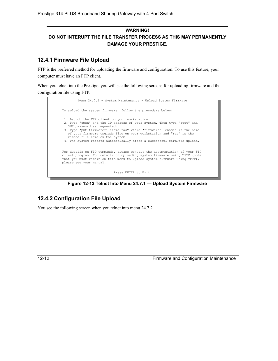Firmware file upload, Configuration file upload, 1 firmware file upload | 2 configuration file upload | ZyXEL Communications Prestige 314 PLUS User Manual | Page 174 / 225