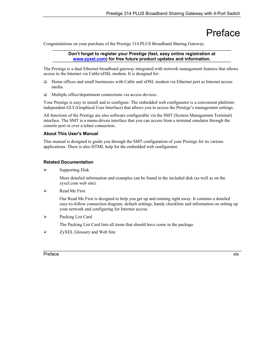 Preface | ZyXEL Communications Prestige 314 PLUS User Manual | Page 19 / 225