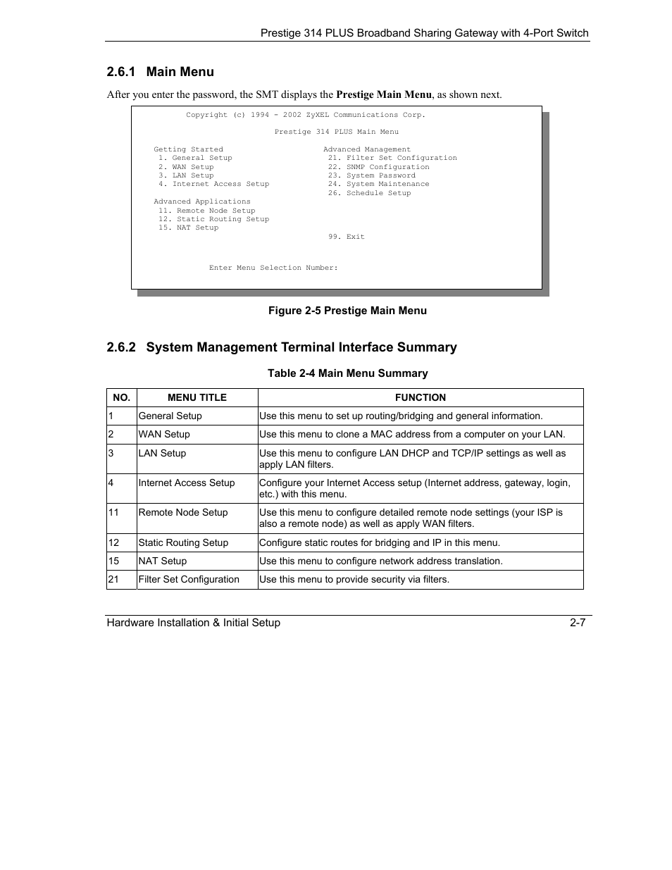 Main menu, System management terminal interface summary, 1 main menu | 2 system management terminal interface summary | ZyXEL Communications Prestige 314 PLUS User Manual | Page 35 / 225