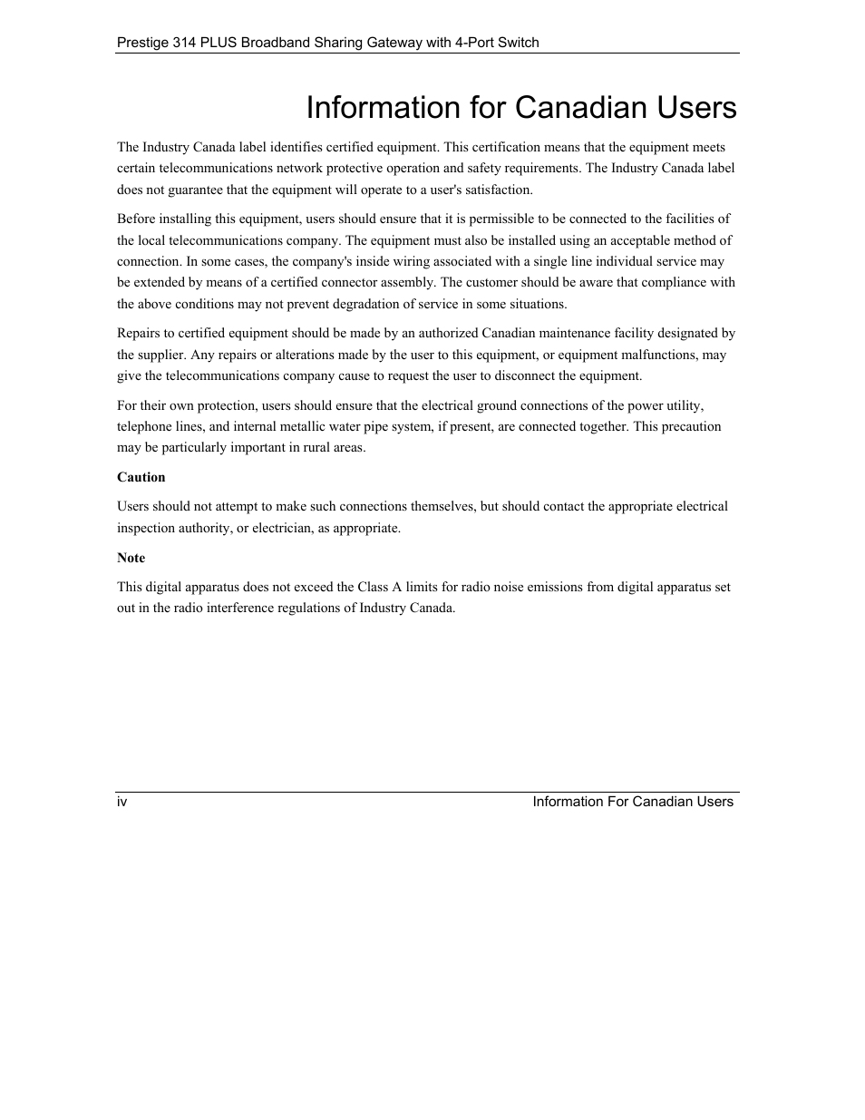 Information for canadian users | ZyXEL Communications Prestige 314 PLUS User Manual | Page 4 / 225