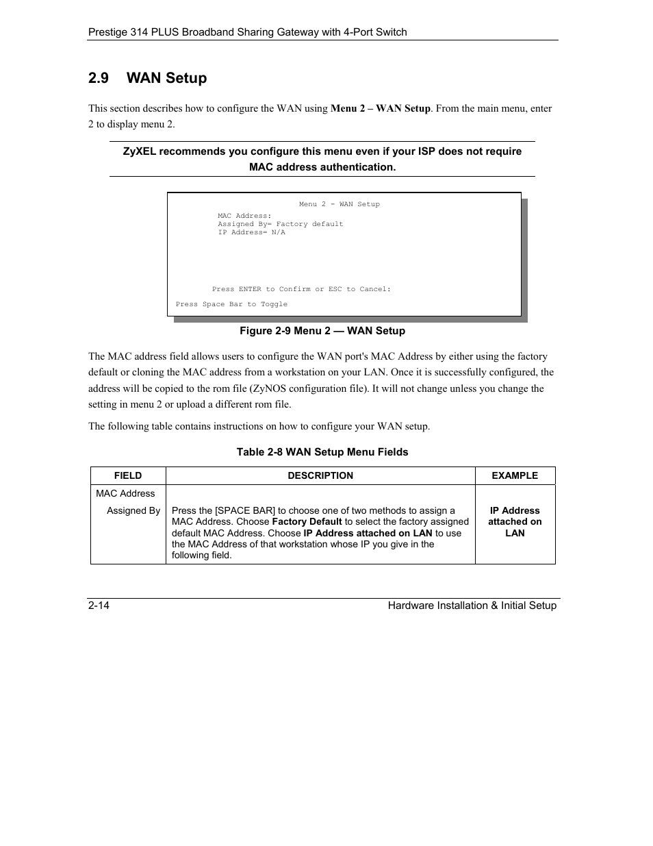 Wan setup, 9 wan setup | ZyXEL Communications Prestige 314 PLUS User Manual | Page 42 / 225