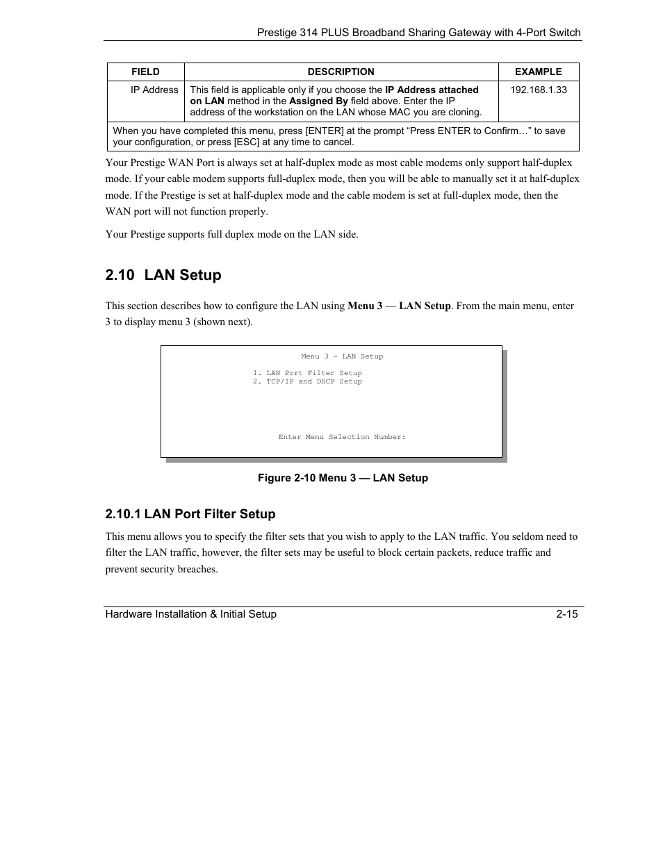 Lan setup, Lan port filter setup, 10 lan setup | 1 lan port filter setup | ZyXEL Communications Prestige 314 PLUS User Manual | Page 43 / 225