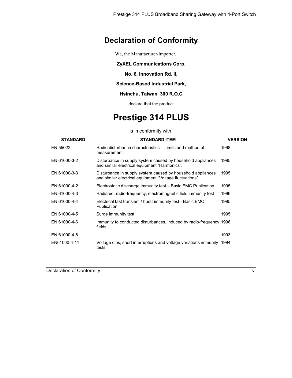 Prestige 314 plus, Declaration of conformity | ZyXEL Communications Prestige 314 PLUS User Manual | Page 5 / 225