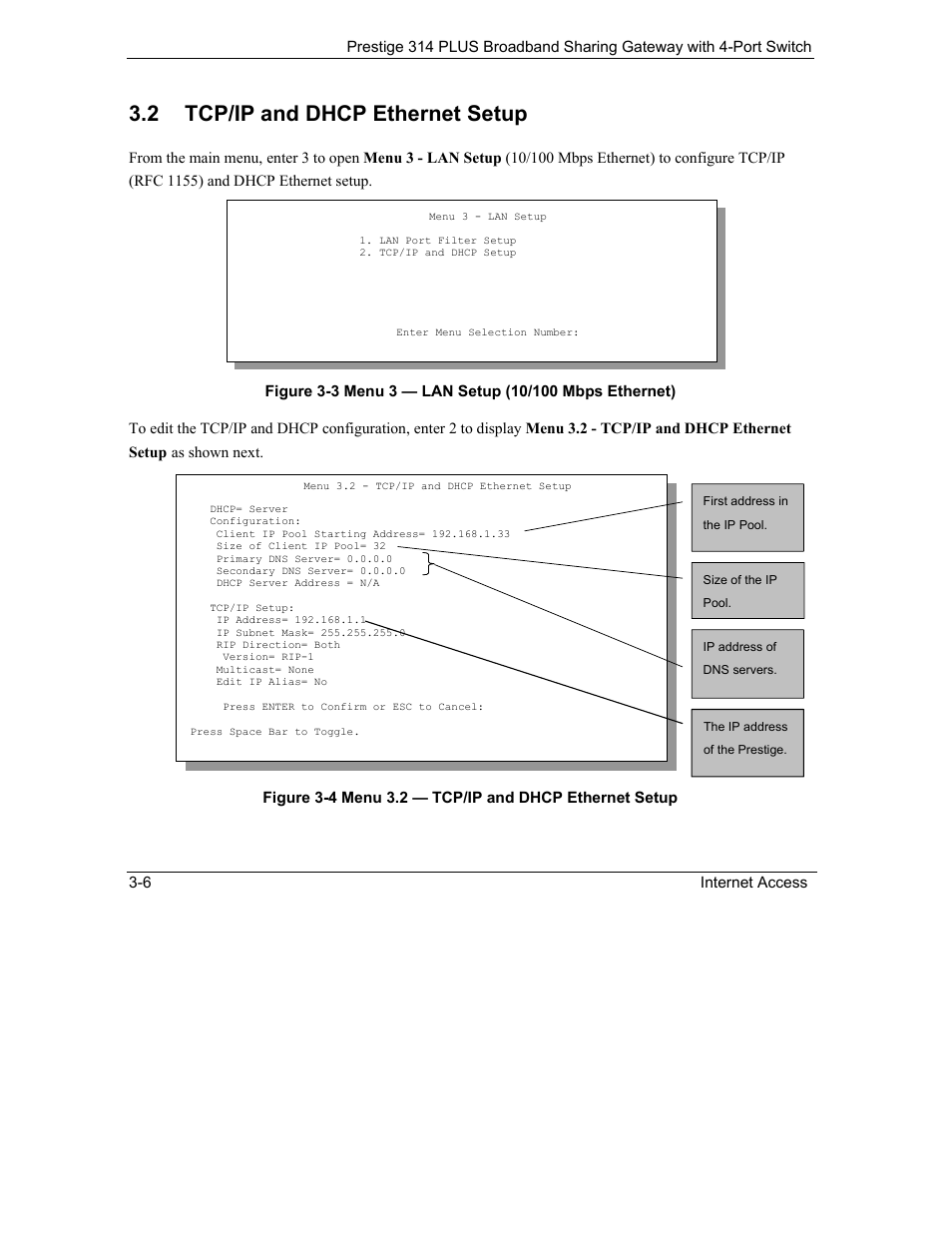 Tcp/ip and dhcp ethernet setup, 2 tcp/ip and dhcp ethernet setup | ZyXEL Communications Prestige 314 PLUS User Manual | Page 50 / 225