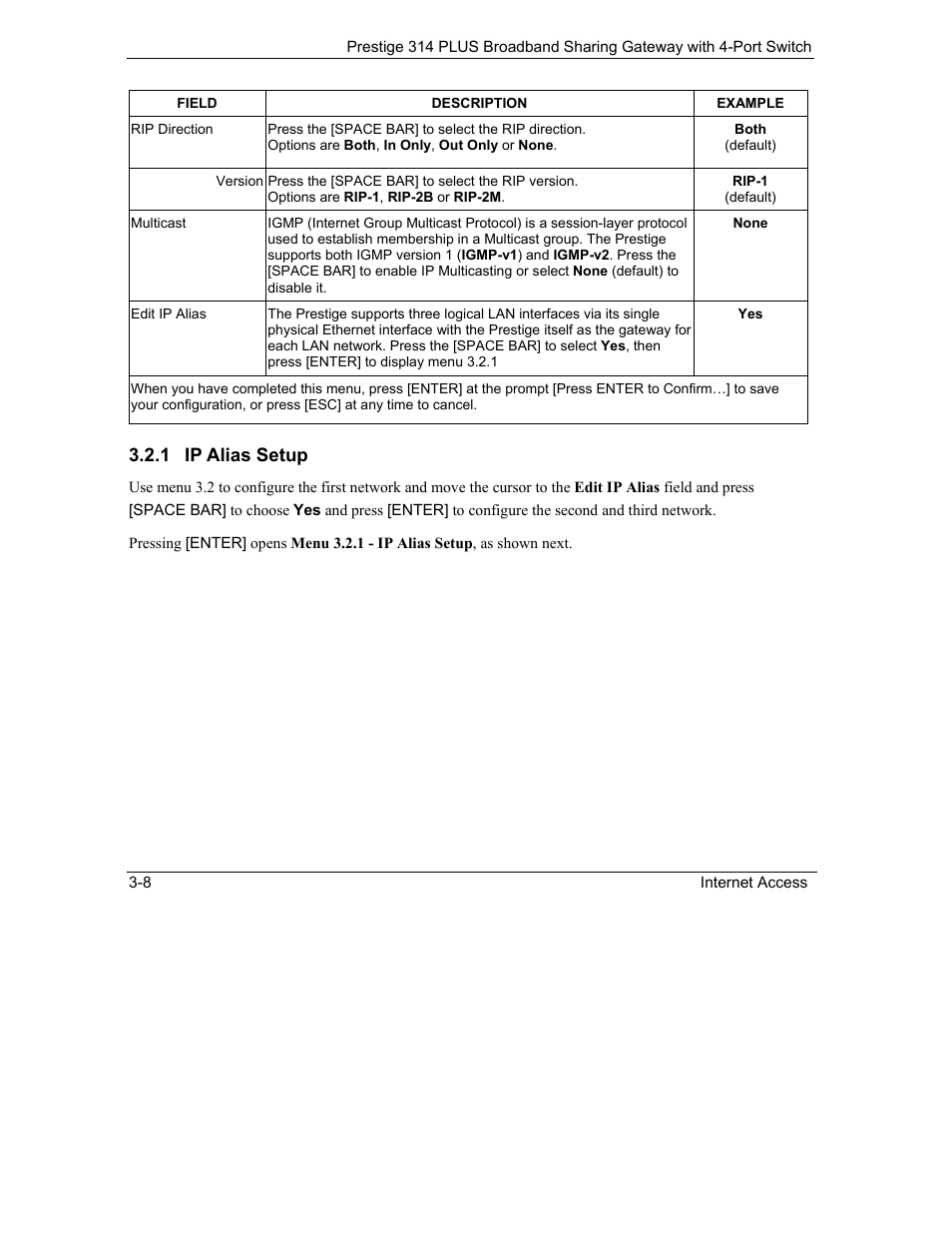 Ip alias setup, 1 ip alias setup | ZyXEL Communications Prestige 314 PLUS User Manual | Page 52 / 225