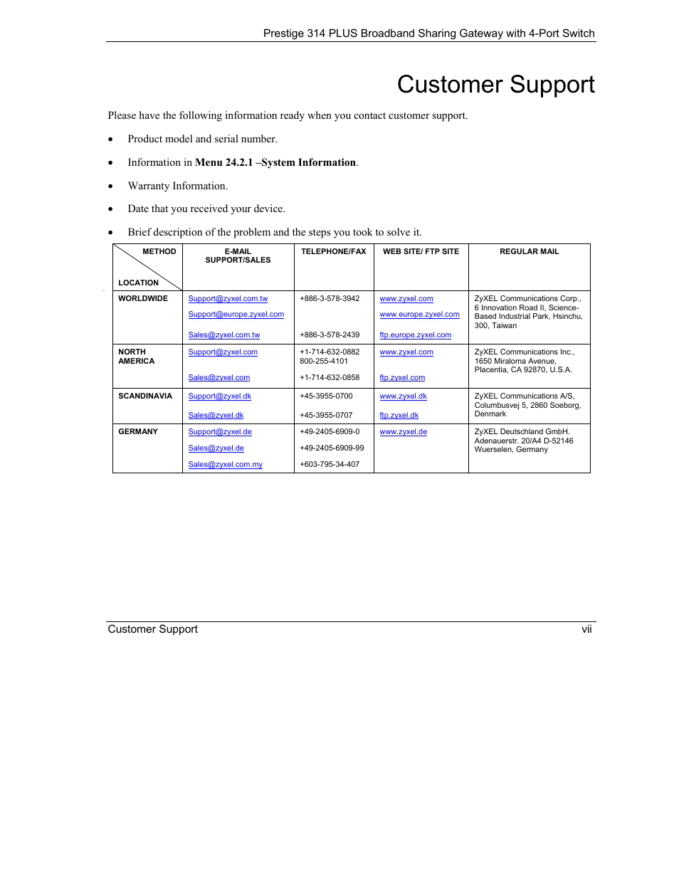 Customer support | ZyXEL Communications Prestige 314 PLUS User Manual | Page 7 / 225