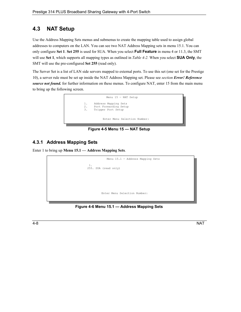 Nat setup, Address mapping sets, 3 nat setup | 1 address mapping sets | ZyXEL Communications Prestige 314 PLUS User Manual | Page 70 / 225