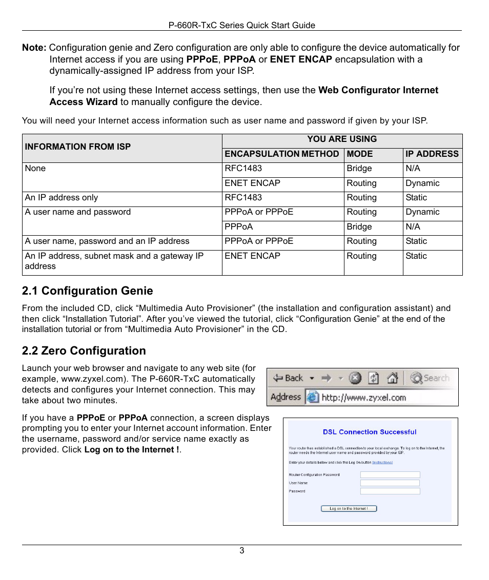 1 configuration genie, 2 zero configuration | ZyXEL Communications ADSL2+ Access Router P-660R-T1 v2 User Manual | Page 3 / 9