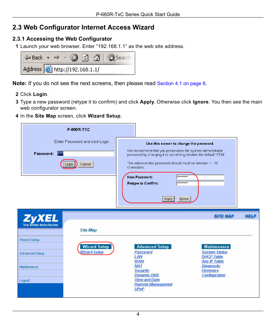 3 web configurator internet access wizard | ZyXEL Communications ADSL2+ Access Router P-660R-T1 v2 User Manual | Page 4 / 9
