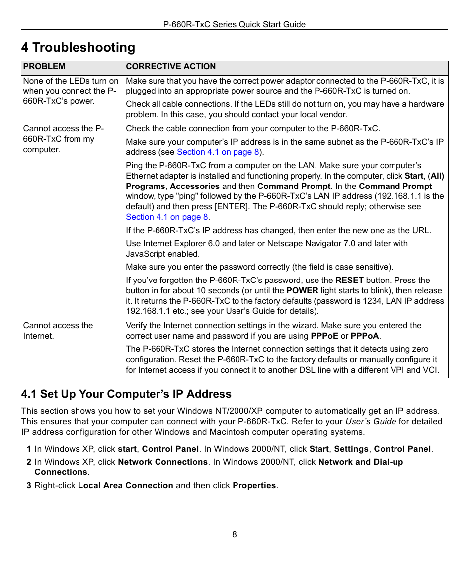 4 troubleshooting, 1 set up your computer’s ip address | ZyXEL Communications ADSL2+ Access Router P-660R-T1 v2 User Manual | Page 8 / 9