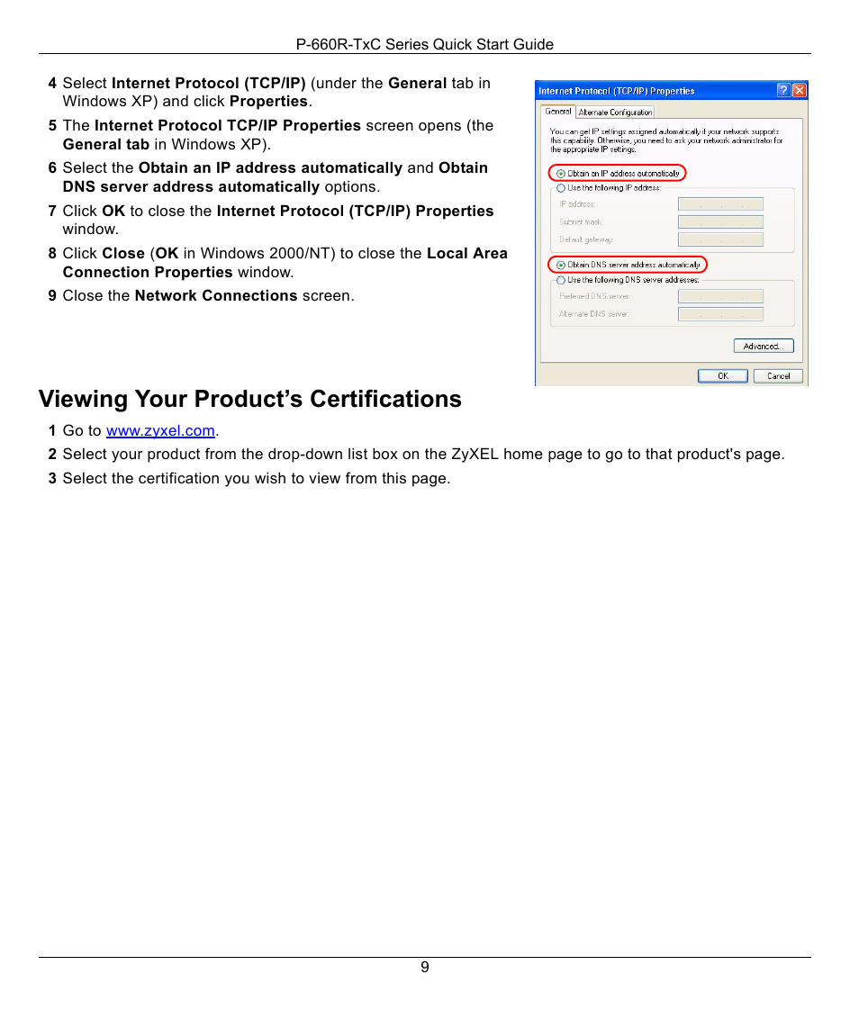 Viewing your product’s certifications | ZyXEL Communications ADSL2+ Access Router P-660R-T1 v2 User Manual | Page 9 / 9