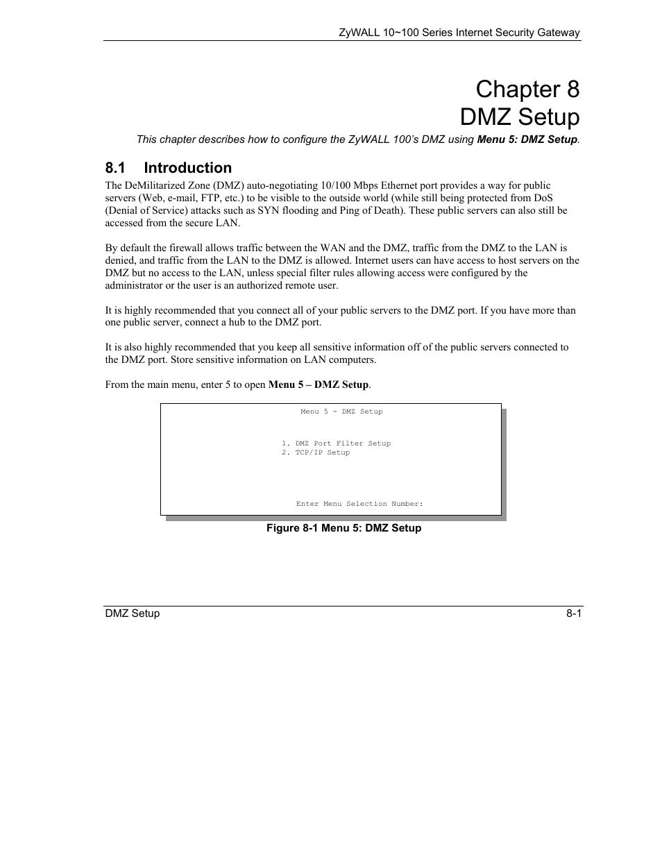 Dmz setup, Introduction, Chapter 8 dmz setup | 1 introduction | ZyXEL Communications 10 User Manual | Page 111 / 495