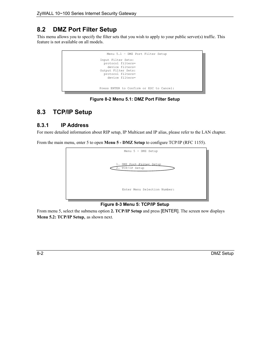 Dmz port filter setup, Tcp/ip setup, 2 dmz port filter setup | 3 tcp/ip setup, 1 ip address | ZyXEL Communications 10 User Manual | Page 112 / 495