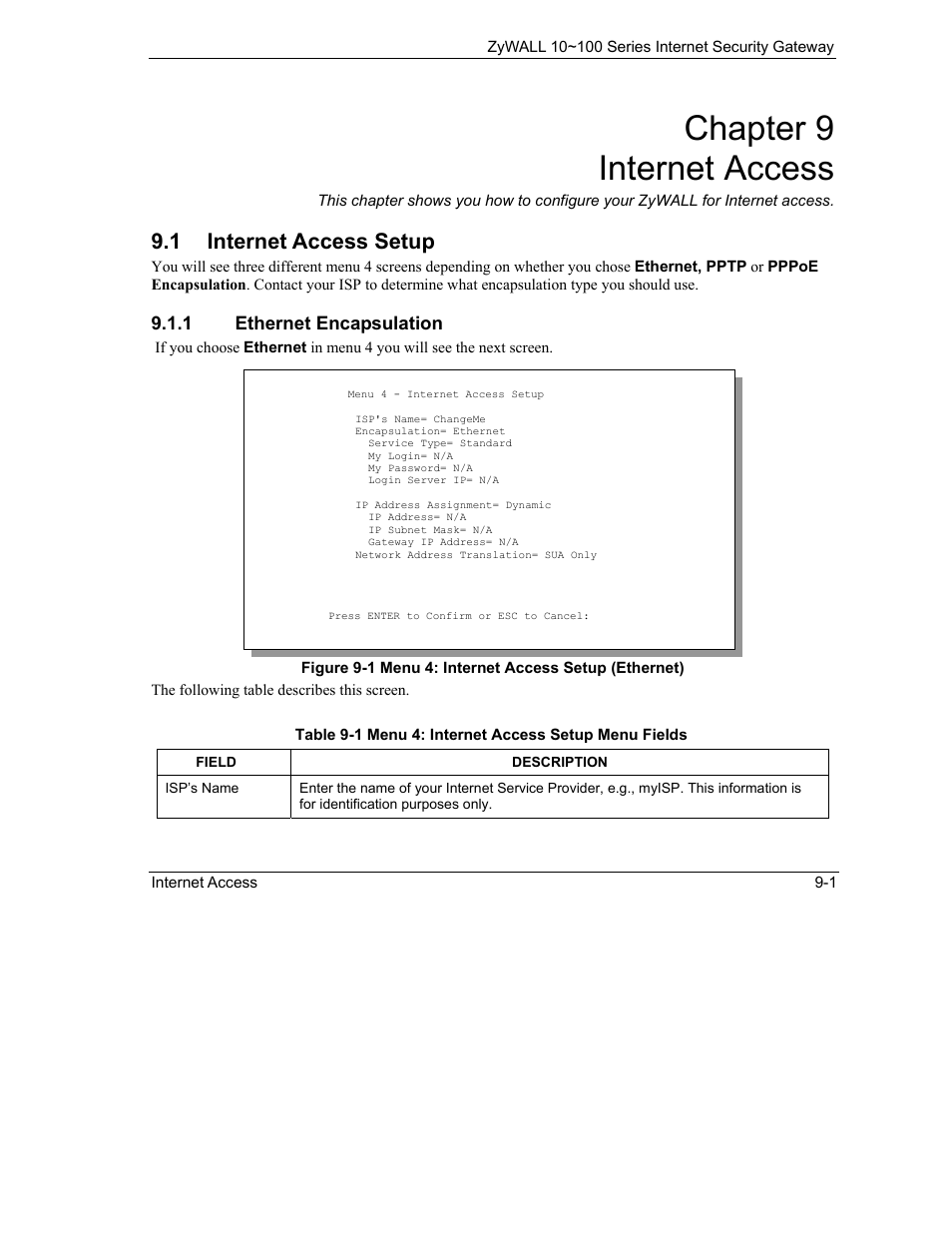 Internet access, Internet access setup, Chapter 9 internet access | 1 internet access setup, 1 ethernet encapsulation | ZyXEL Communications 10 User Manual | Page 115 / 495