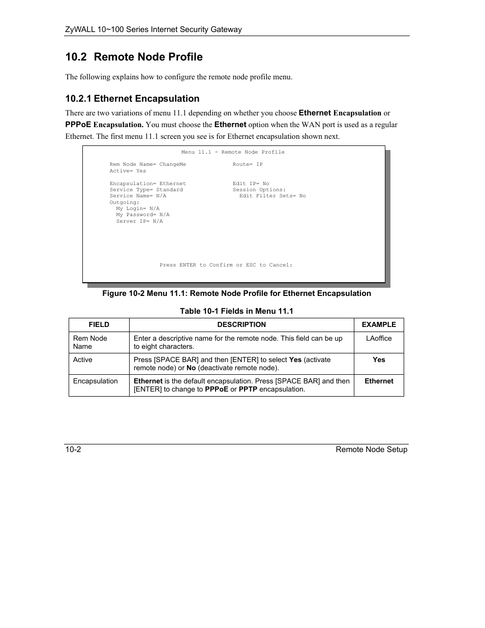 Remote node profile, 2 remote node profile, 1 ethernet encapsulation | ZyXEL Communications 10 User Manual | Page 124 / 495