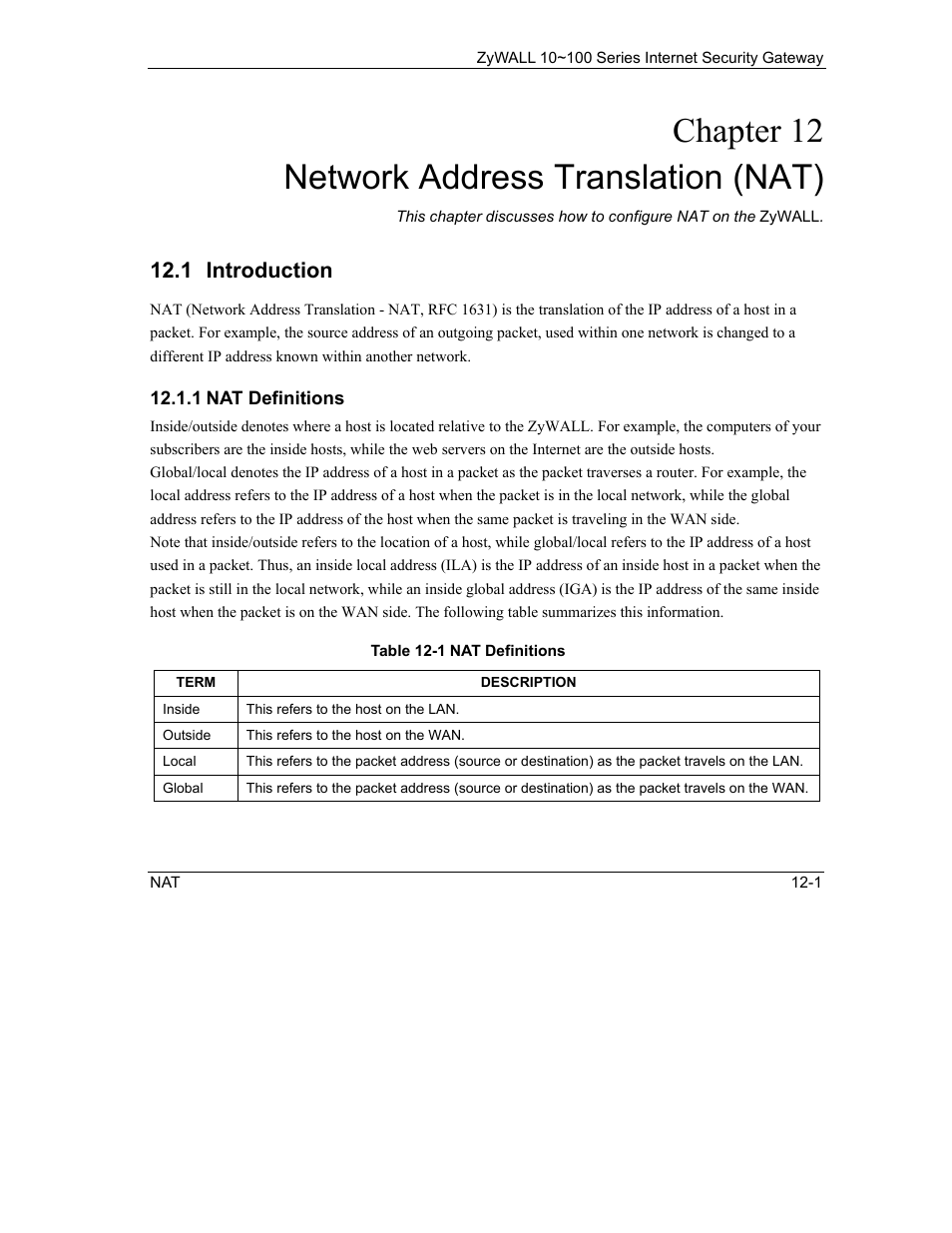Network address translation (nat), Introduction, Chapter 12 network address translation (nat) | 1 introduction | ZyXEL Communications 10 User Manual | Page 143 / 495