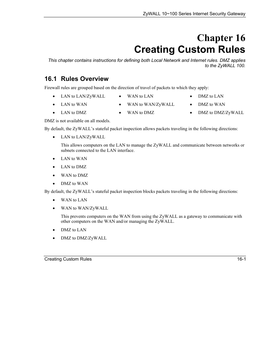 Creating custom rules, Rules overview, Chapter 16 creating custom rules | 1 rules overview | ZyXEL Communications 10 User Manual | Page 197 / 495