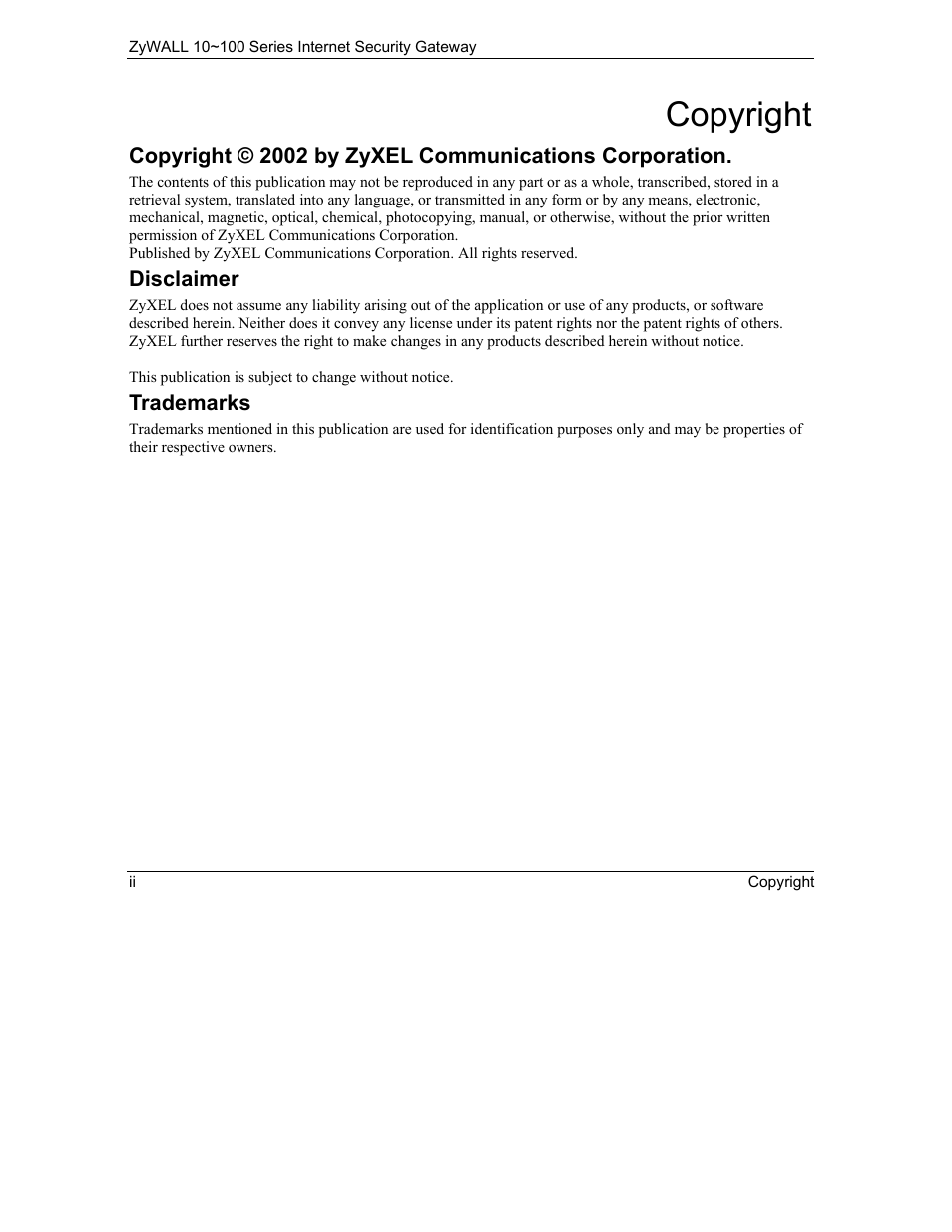 Copyright | ZyXEL Communications 10 User Manual | Page 2 / 495