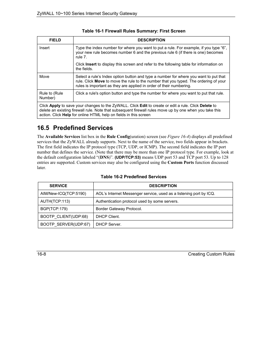 Predefined services, 5 predefined services | ZyXEL Communications 10 User Manual | Page 204 / 495