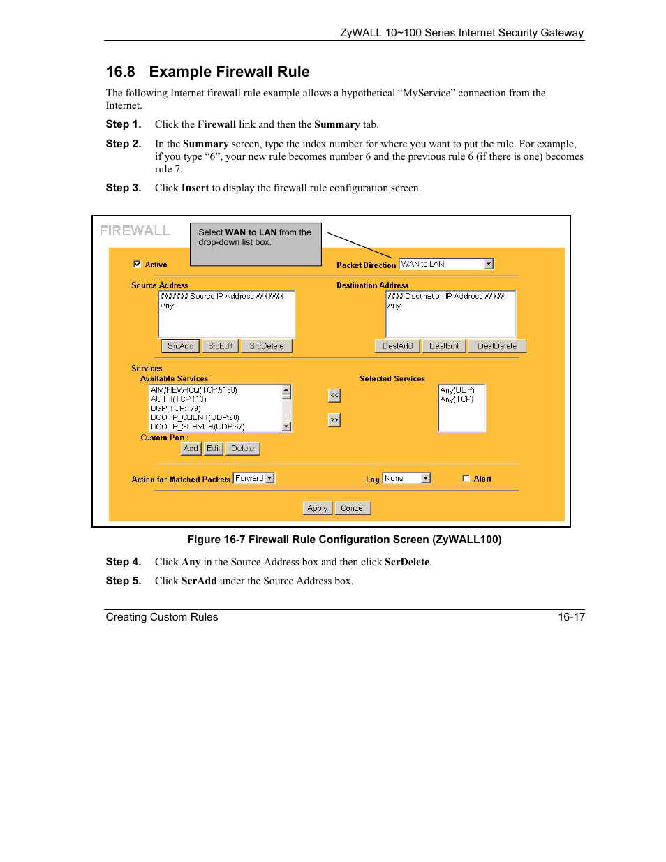 Example firewall rule, 8 example firewall rule | ZyXEL Communications 10 User Manual | Page 213 / 495