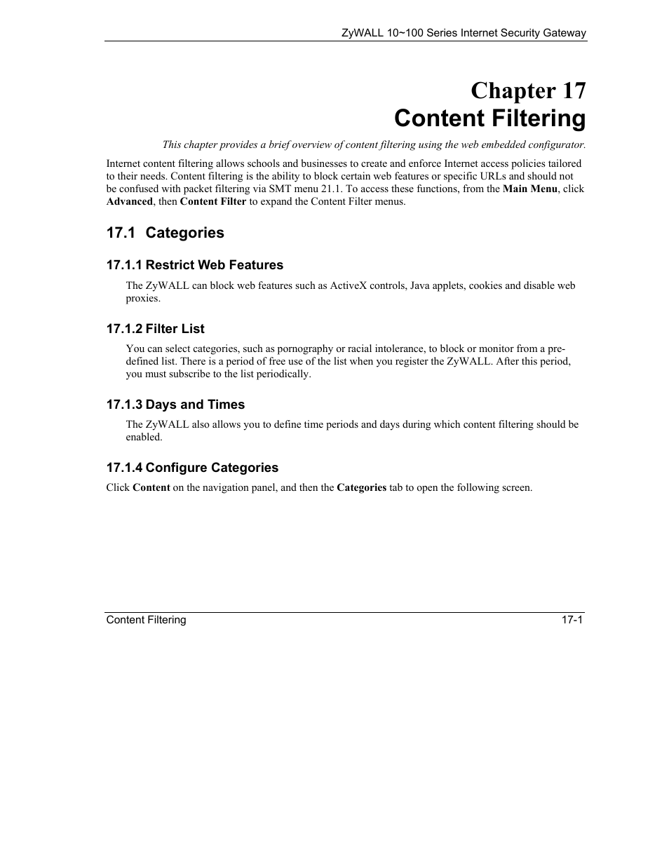 Content filtering, Categories, Chapter 17 content filtering | ZyXEL Communications 10 User Manual | Page 219 / 495