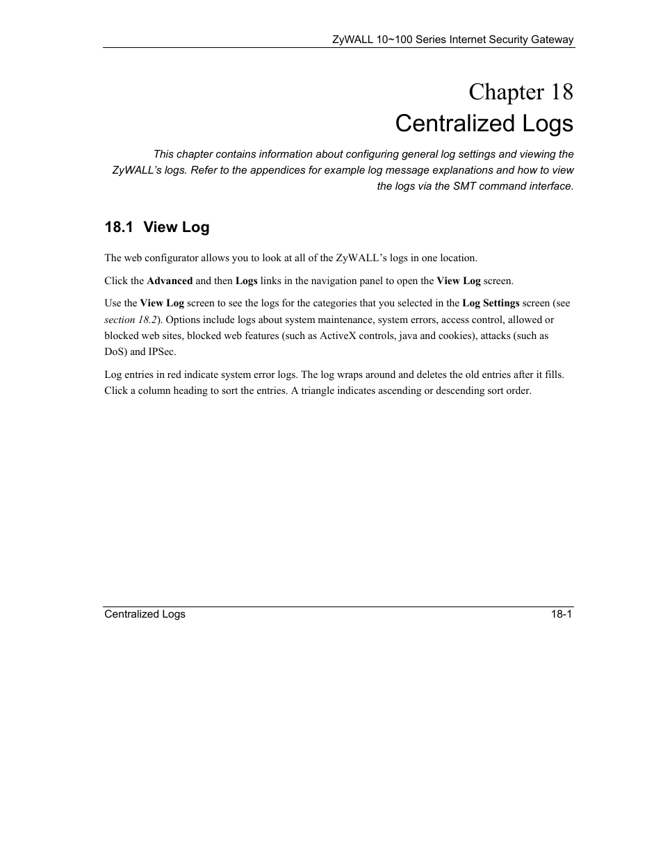 Centralized logs, View log, Chapter 18 centralized logs | ZyXEL Communications 10 User Manual | Page 237 / 495