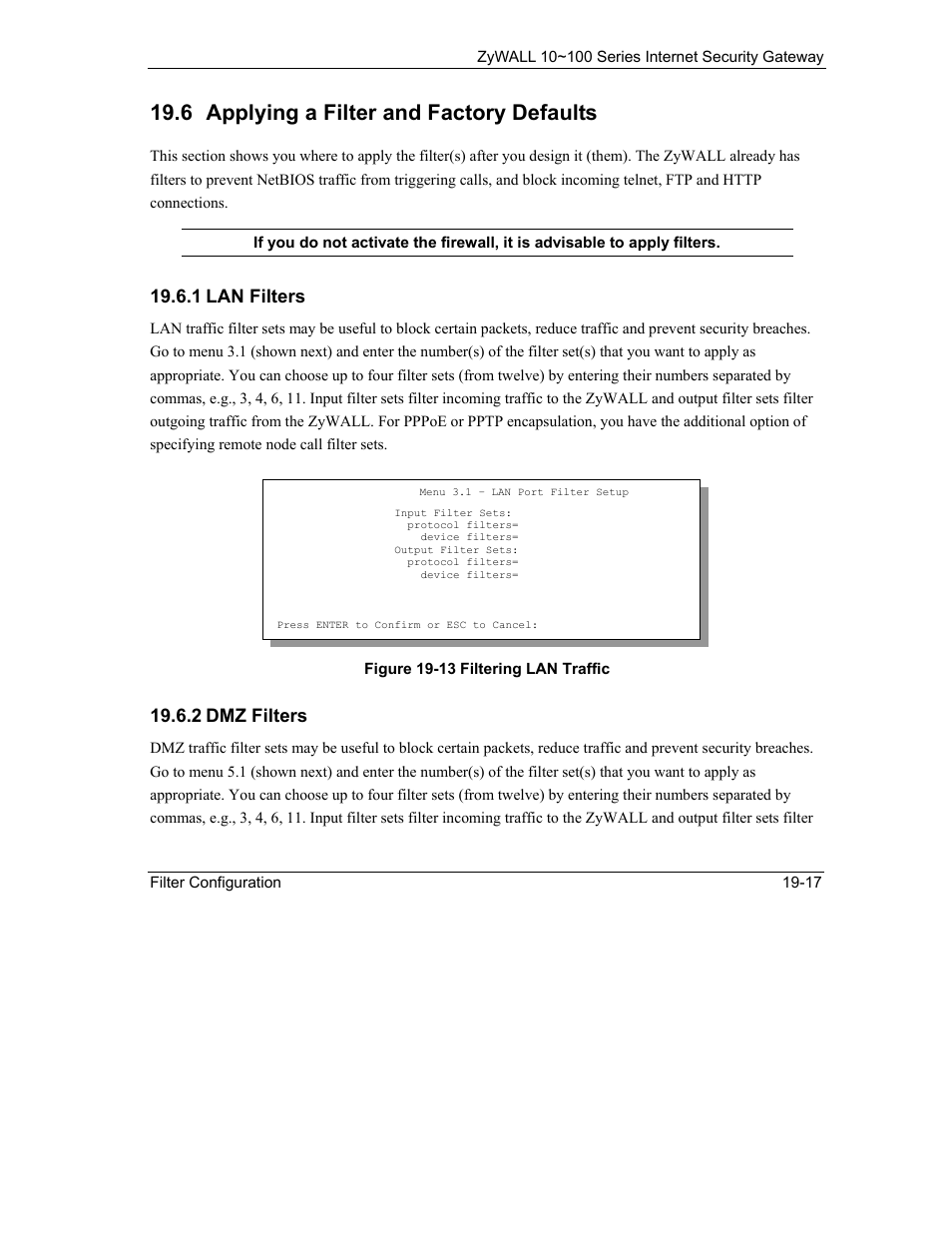 Applying a filter and factory defaults, 6 applying a filter and factory defaults, 1 lan filters | 2 dmz filters | ZyXEL Communications 10 User Manual | Page 259 / 495