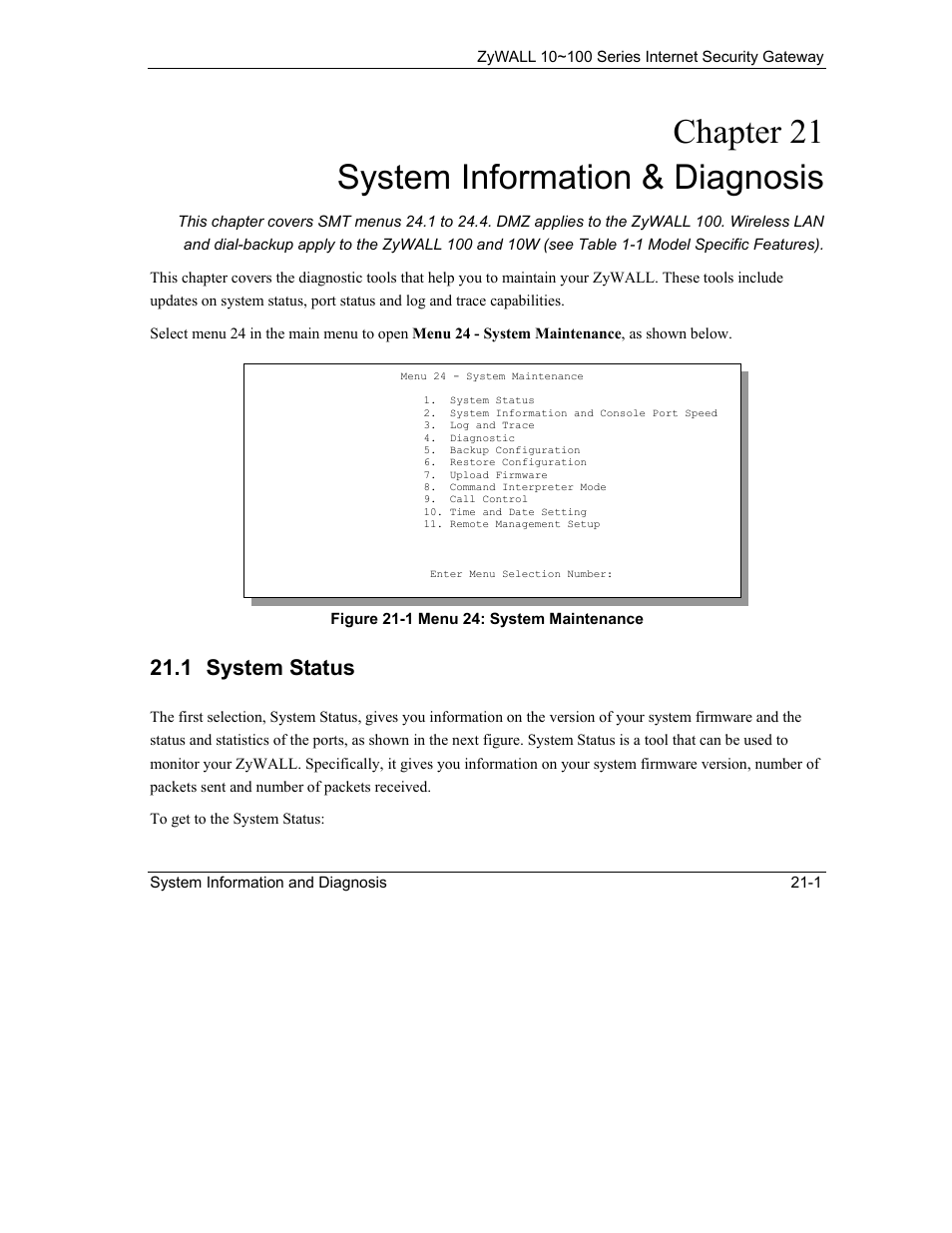 System information & diagnosis, System status, Chapter 21 system information & diagnosis | 1 system status | ZyXEL Communications 10 User Manual | Page 267 / 495