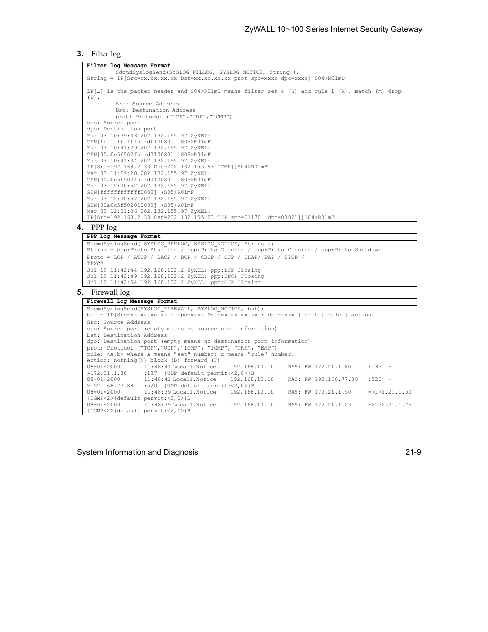 Ppp log, Firewall log | ZyXEL Communications 10 User Manual | Page 275 / 495