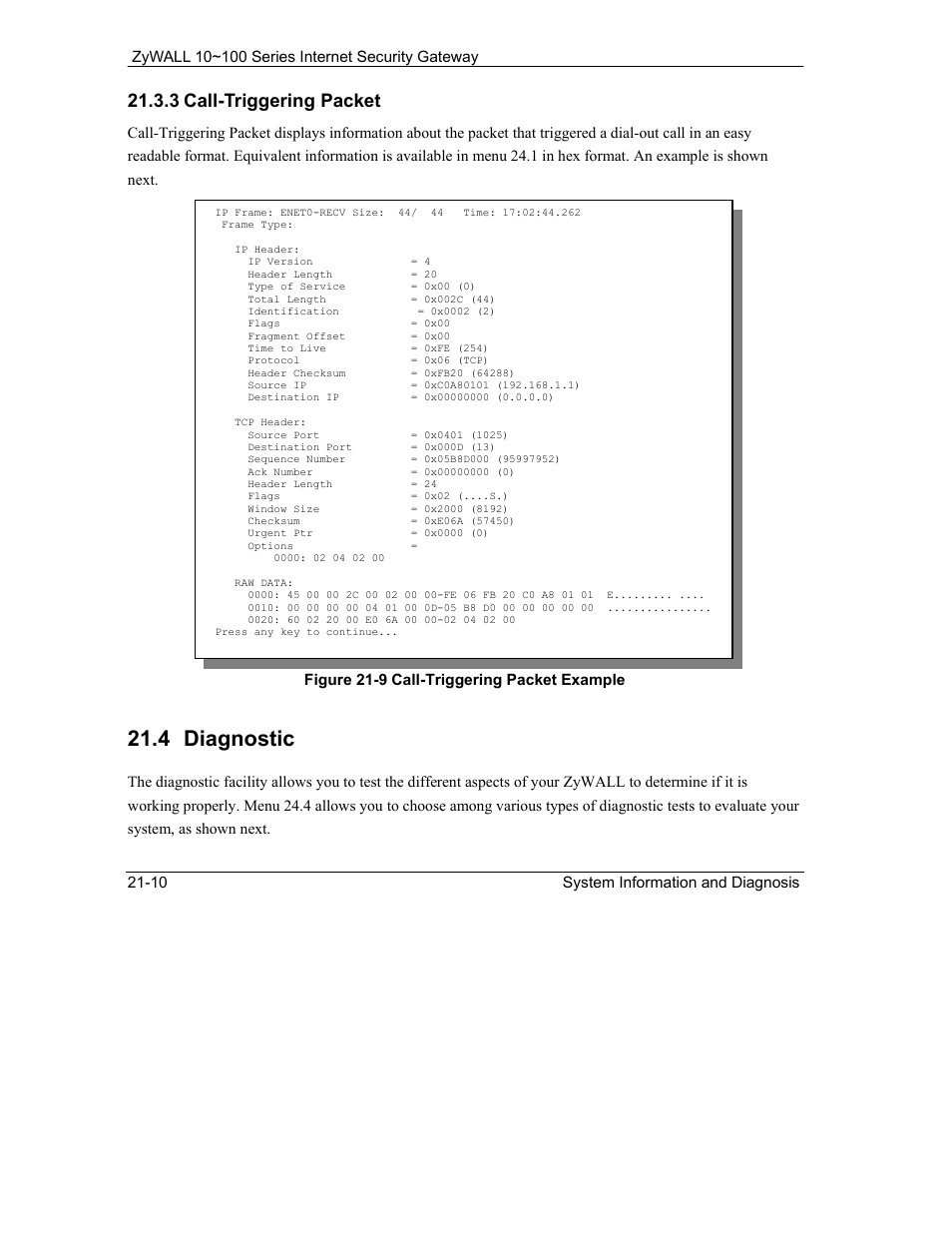Diagnostic, 4 diagnostic, 3 call-triggering packet | ZyXEL Communications 10 User Manual | Page 276 / 495