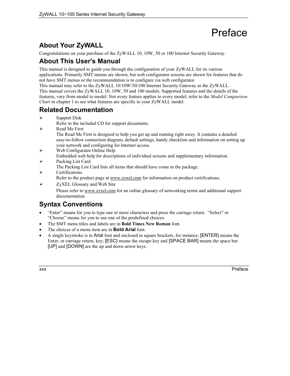 Preface, About your zywall, About this user's manual | Related documentation, Syntax conventions | ZyXEL Communications 10 User Manual | Page 30 / 495