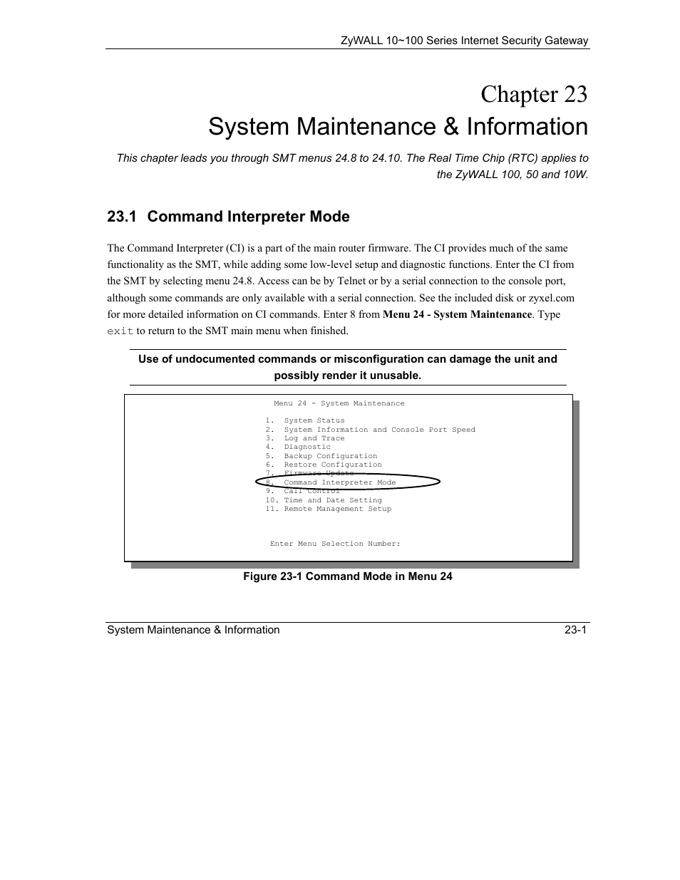 System maintenance & information, Command interpreter mode, Chapter 23 system maintenance & information | 1 command interpreter mode | ZyXEL Communications 10 User Manual | Page 301 / 495