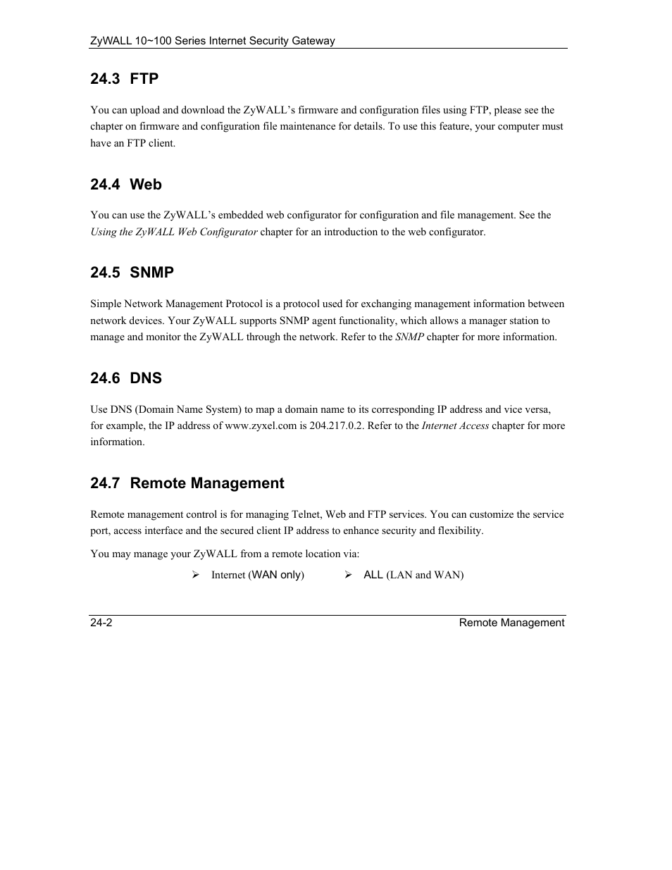 Snmp, Remote management, 3 ftp | 4 web, 5 snmp, 6 dns, 7 remote management | ZyXEL Communications 10 User Manual | Page 310 / 495
