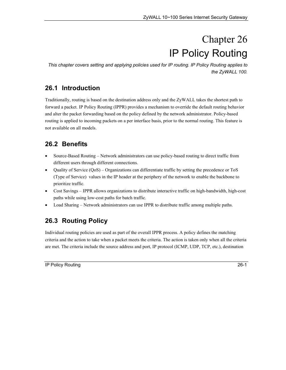 Ip policy routing, Introduction, Benefits | Routing policy, Chapter 26 ip policy routing | ZyXEL Communications 10 User Manual | Page 337 / 495
