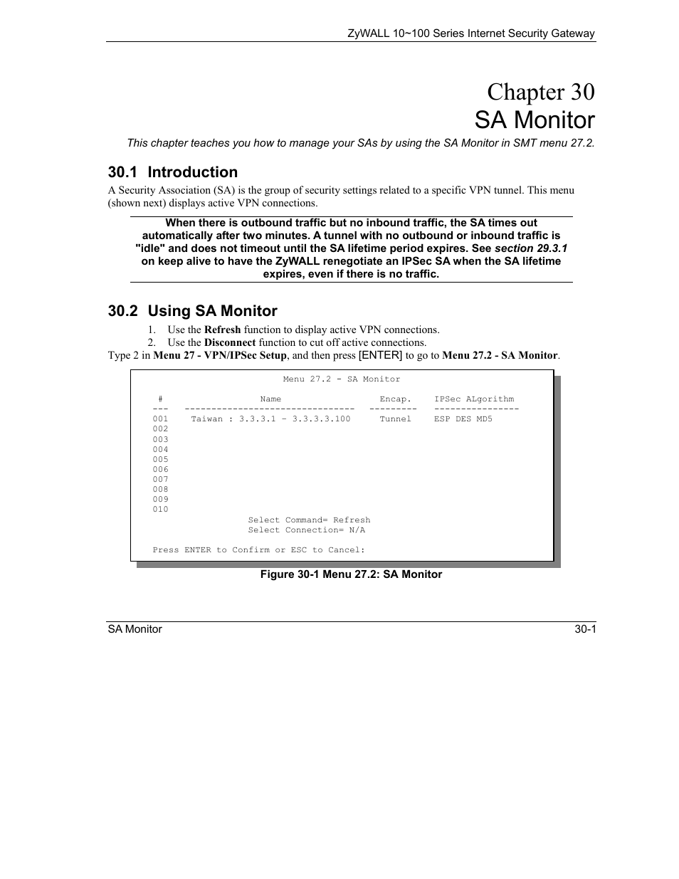 Sa monitor, Introduction, Using sa monitor | Chapter 30 sa monitor, 1 introduction, 2 using sa monitor | ZyXEL Communications 10 User Manual | Page 383 / 495
