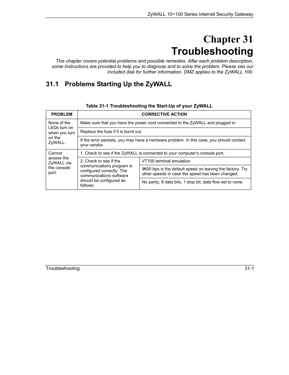 Troubleshooting, Problems starting up the zywall, Chapter 31 troubleshooting | 1 problems starting up the zywall | ZyXEL Communications 10 User Manual | Page 387 / 495