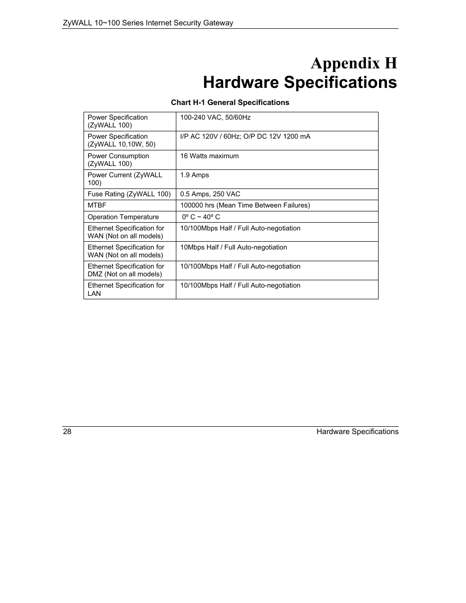 Hardware specifications, Appendix h hardware specifications | ZyXEL Communications 10 User Manual | Page 420 / 495