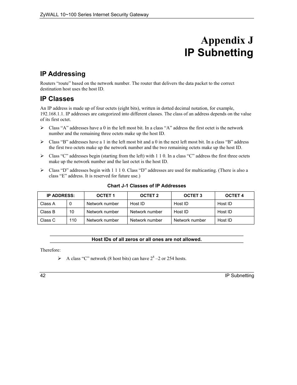 Ip subnetting, Appendix j ip subnetting, Ip addressing | Ip classes | ZyXEL Communications 10 User Manual | Page 434 / 495