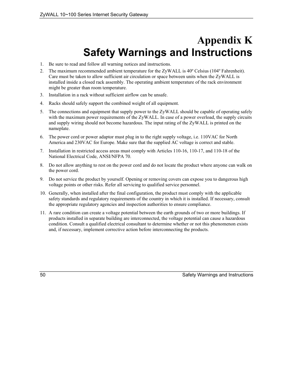 Safety warnings and instructions, Appendix k safety warnings and instructions | ZyXEL Communications 10 User Manual | Page 442 / 495