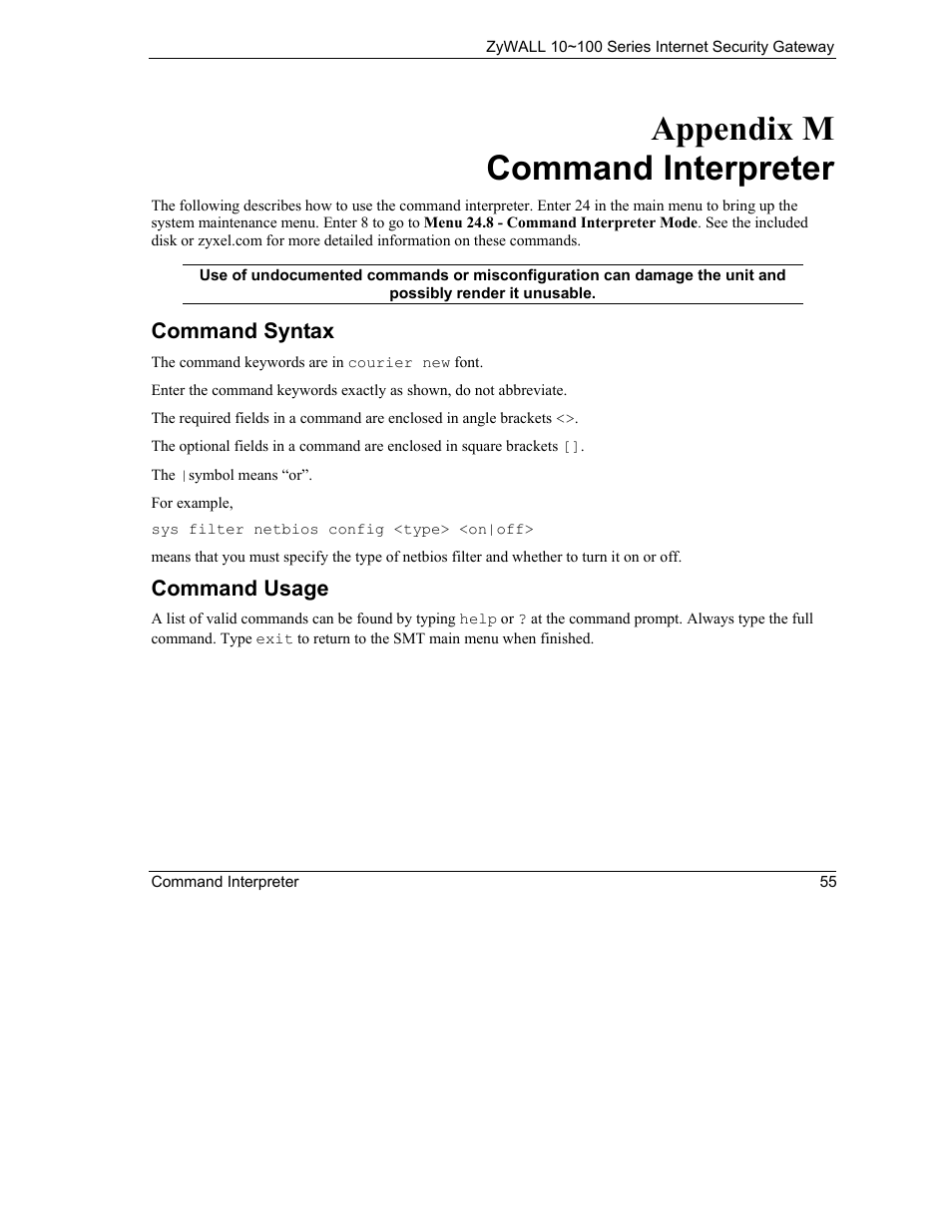 Command interpreter, Appendix m command interpreter, Command syntax | Command usage | ZyXEL Communications 10 User Manual | Page 447 / 495