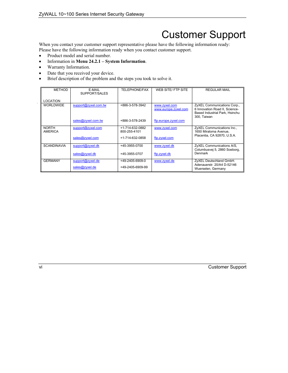 Customer support | ZyXEL Communications 10 User Manual | Page 6 / 495