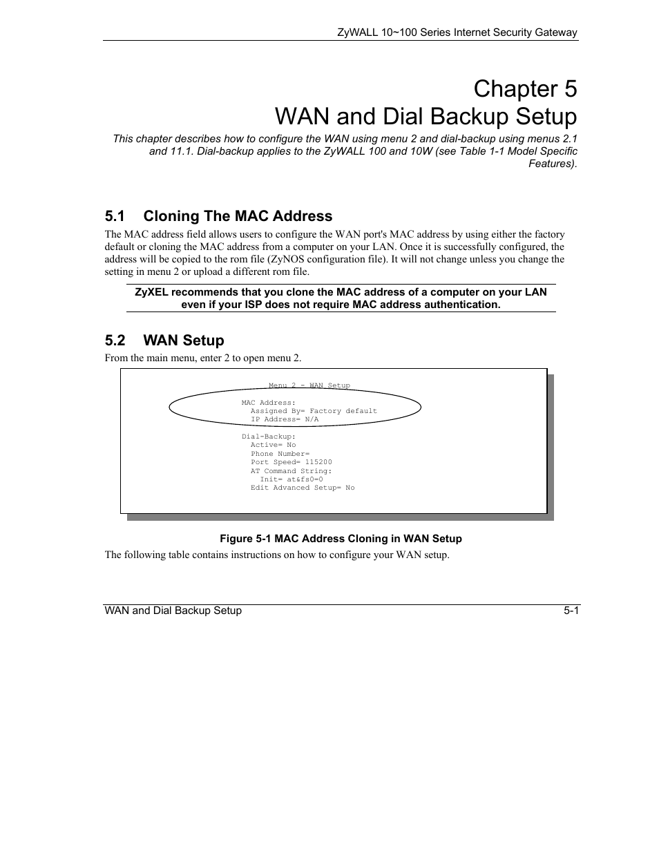 Wan and dial backup setup, Cloning the mac address, Wan setup | Chapter 5 wan and dial backup setup, 1 cloning the mac address, 2 wan setup | ZyXEL Communications 10 User Manual | Page 69 / 495