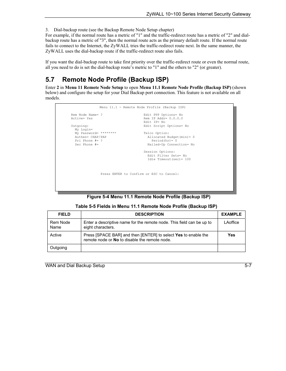 Remote node profile (backup isp), 7 remote node profile (backup isp) | ZyXEL Communications 10 User Manual | Page 75 / 495
