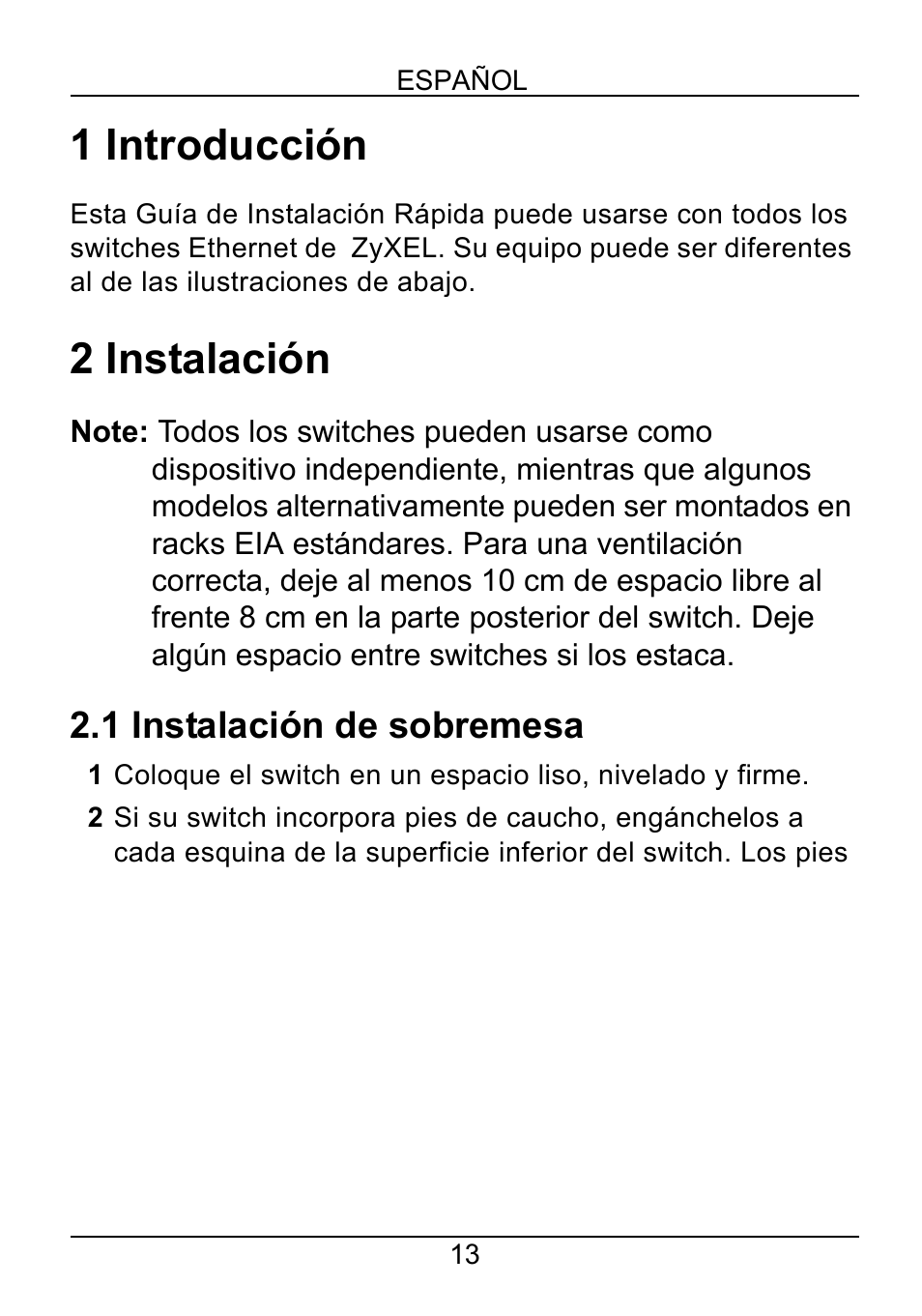 Español, 1 introducción, 2 instalación | 1 instalación de sobremesa | ZyXEL Communications ZyXEL Ethernet Switches User Manual | Page 15 / 43